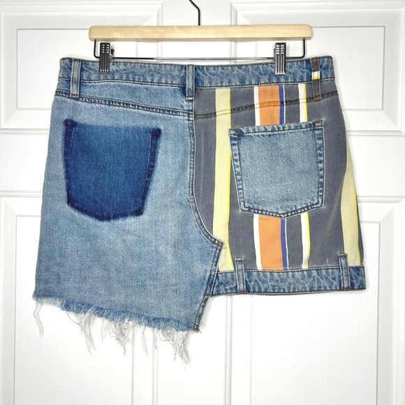 BDG Denim Mini Skirt Asymmetrical‎ Patchwork Striped Floral Size Large - Picture 4 of 7